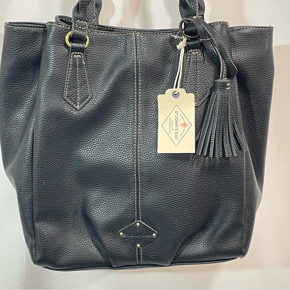 Shopper Tote Bag Faux Leather Black Double Handle St. John's Bay Harper